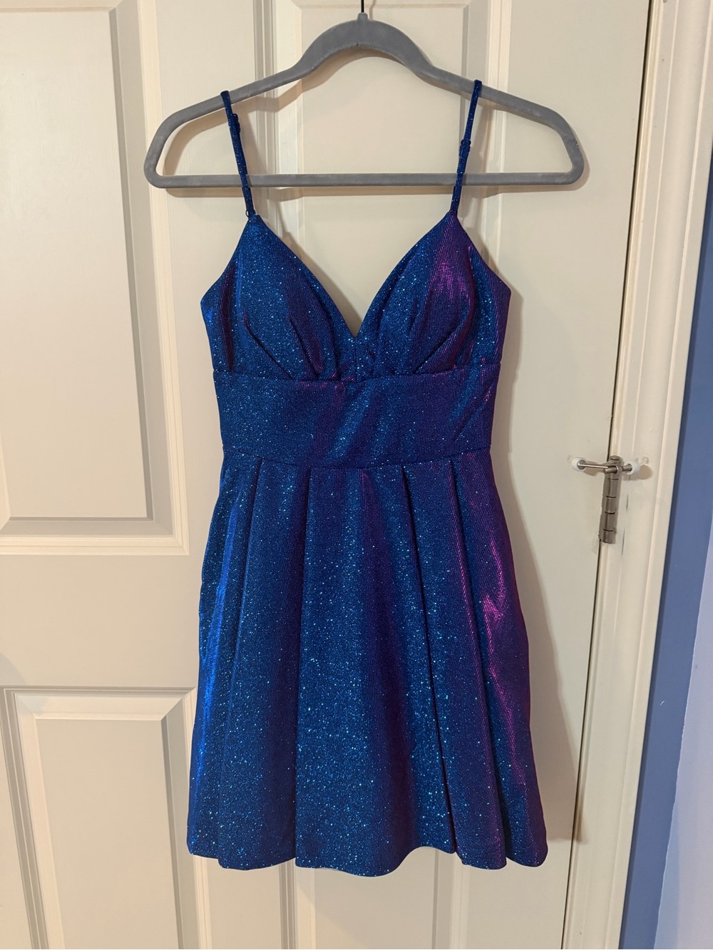 B Darlin Shimmery Blue & Purple Glitter Mini Dress with Spaghetti Straps